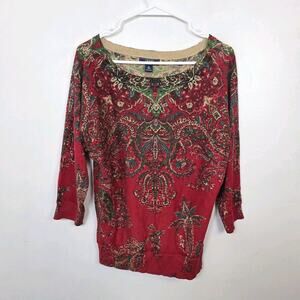 Chaps Red Multicolor Artsy Whimsygoth Lightweight 3/4 Sleeve Sweater Size Medium